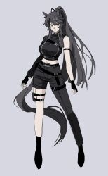 Rule 34 | 1girl, absurdres, alternate costume, animal ears, arm belt, asymmetrical clothes, bandaid, bandaid on face, bandaid on nose, belt, black gloves, black hair, black pants, black shirt, breasts, choker, closed mouth, crop top, fingerless gloves, full body, gloves, grey background, highres, horse ears, horse girl, horse tail, large breasts, long hair, looking at viewer, midriff, narita brian (umamusume), navel, pants, ponytail, shirt, simple background, single pantsleg, single sleeve, solo, tail, umamusume, unneul, yellow eyes