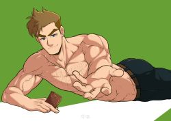 Rule 34 | 1boy, abs, bara, brown hair, commentary request, feet out of frame, highres, inunekostudio, large pectorals, light brown hair, male focus, muscular, muscular male, pectorals, q-force, short hair, sideburns, smile, solo, steve maryweather, undercut
