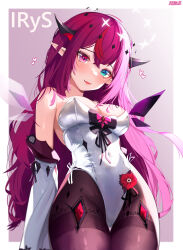 Rule 34 | 1girl, absurdres, adapted costume, asymmetrical wings, black wings, blue eyes, blush, breasts, character name, cleavage, commentary, covered navel, crystal wings, detached sleeves, detached wings, double halo, fangs, halo, heart, heterochromia, highleg, highleg leotard, highres, hololive, hololive english, horns, irys (irys 2.0) (hololive), irys (hololive), kkato, large breasts, leotard, long hair, looking at viewer, looking down, navel, nontraditional playboy bunny, open mouth, pantyhose, pink eyes, pointy ears, purple hair, red hair, strapless, strapless leotard, symbol-only commentary, thighband pantyhose, very long hair, virtual youtuber, white leotard, white sleeves, white wings, wings