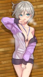 Rule 34 | 1girl, :o, anastasia (idolmaster), aqua eyes, bare shoulders, blush, breasts, breath, cleavage, collarbone, from above, grey hair, hair between eyes, highres, idolmaster, idolmaster cinderella girls, jacket, lanyard, long sleeves, lying, no bra, no pants, on back, open clothes, open jacket, open mouth, rum raisin (chihiromakita19), short hair, solo, sweat, whistle, whistle around neck, wooden floor