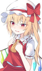 Rule 34 | 1girl, ascot, blonde hair, blush, crystal, e.o., flandre scarlet, hair between eyes, hat, highres, long hair, mob cap, one side up, open mouth, pointy ears, puffy short sleeves, puffy sleeves, red eyes, red skirt, red vest, shirt, short sleeves, simple background, skirt, solo, touhou, upper body, vest, white background, white hat, white shirt, wings, yellow ascot