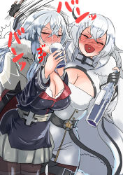 Rule 34 | 2girls, alcohol, azur lane, blush, breasts, cleavage, cross, cup, drinking, drunk, closed eyes, full-face blush, gangut (azur lane), graf zeppelin (azur lane), hey taisyou, highres, iron cross, large breasts, look-alike, military, military uniform, multiple girls, open mouth, pantyhose, silver hair, smile, standing, uniform, vodka