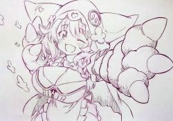 Rule 34 | 1girl, ;d, animal hands, blush, braid, breasts, cape, cleavage, gloves, highres, hood, large breasts, looking at viewer, monochrome, nijisanji, one eye closed, open mouth, paw gloves, smile, solo, traditional media, tsukareta san, twin braids, virtual youtuber, warabeda meiji