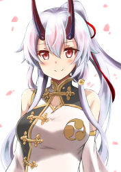 Rule 34 | 1girl, absurdres, alternate costume, bare shoulders, blush, breasts, china dress, chinese clothes, cleavage, cleavage cutout, closed mouth, clothing cutout, commentary request, detached sleeves, dress, fate/grand order, fate (series), hair between eyes, hair ornament, hair ribbon, high ponytail, highres, horns, long hair, long sleeves, medium breasts, oni, oni horns, petals, ponytail, red eyes, red ribbon, ribbon, shibakame, sidelocks, silver hair, simple background, sleeveless, sleeveless dress, smile, solo, tomoe gozen (fate), tomoe gozen (traveling outfit) (fate), very long hair, white background, white dress