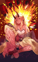 Rule 34 | 1girl, bare shoulders, barefoot, blonde hair, claws, earrings, fate/grand order, fate (series), feet, female focus, fire, floral print, garudo1991, highres, horns, ibaraki douji (fate), japanese clothes, jewelry, kimono, long hair, looking at viewer, off shoulder, oni, oni horns, short kimono, sitting, smile, soles, solo, toeless legwear, toes, wide sleeves, yellow eyes, yellow kimono