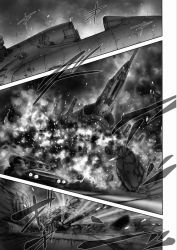 Rule 34 | aircraft, airplane, comic, explosion, firing, greyscale, imizu (nitro unknown), monochrome, no humans, open cockpit, silent comic, speed lines, touhou, vehicle focus