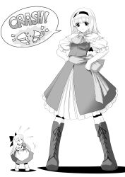 Rule 34 | 1girl, alice margatroid, angry, boots, bow, breaking, capelet, closed mouth, commentary, cup, doll, dress, english text, flying sweatdrops, greyscale, hair bow, hairband, hands on own hips, light blush, long hair, monochrome, no mouth, shadow, shanghai doll, simple background, solo, speech bubble, teacup, tomoki tomonori, touhou, white background