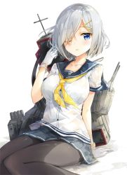 Rule 34 | 10s, 1girl, arm support, black pantyhose, blue eyes, breasts, cannon, fuumi (radial engine), gloves, hair ornament, hair over one eye, hairclip, hamakaze (kancolle), jpeg artifacts, kantai collection, large breasts, machinery, neckerchief, one eye closed, pantyhose, parted lips, pleated skirt, sailor collar, short hair, silver hair, sitting, skirt, solo, turret, white background, white gloves, yellow neckerchief