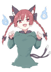 Rule 34 | 1girl, animal ears, braid, breasts, cat ears, cat girl, cat tail, commentary request, deetamu, dress, extra ears, green dress, highres, kaenbyou rin, long hair, looking at viewer, medium breasts, multiple tails, red eyes, red hair, simple background, solo, tail, touhou, twin braids, white background