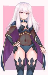 Rule 34 | absurdres, artist name, blue panties, bodystocking, breasts, bridal gauntlets, cape, cleavage, cosplay, d0tstep, dark mage (fire emblem fates), feet out of frame, fire emblem, fire emblem: three houses, fire emblem fates, frown, gluteal fold, groin, hand on own hip, highres, lysithea von ordelia, medium breasts, navel, nintendo, nyx (fire emblem), nyx (fire emblem) (cosplay), panties, pink background, red eyes, simple background, standing, thighhighs, twitter username, two-tone background, underwear, white hair