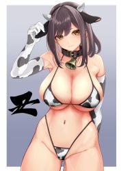 Rule 34 | 1girl, :3, animal ears, animal print, arm behind back, arm up, bare shoulders, bell, bikini, black hairband, border, breasts, brown hair, cleavage, closed mouth, collar, commentary request, cow ears, cow horns, cow print, cowbell, cowboy shot, fake animal ears, fake horns, gloves, gluteal fold, gradient background, grey background, groin, hairband, highleg, highleg bikini, highres, horns, large breasts, looking at viewer, micro bikini, navel, navel piercing, neck bell, original, outside border, partially visible vulva, piercing, print bikini, print gloves, short hair, skindentation, smile, solo, stomach, swept bangs, swimsuit, wantsupanchi!!, white border, yellow eyes