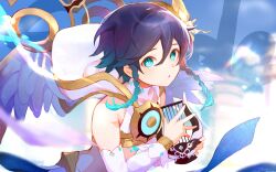 Rule 34 | 1boy, black hair, blue eyes, blue hair, braid, crop top, feathered wings, flower, genshin impact, gold trim, gradient hair, hair flower, hair ornament, highres, holding, holding instrument, instrument, looking at viewer, lyre, male focus, miermere, multicolored hair, official alternate costume, short hair with long locks, solo, twin braids, venti (archon) (genshin impact), venti (genshin impact), white flower, white wings, wings