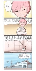 Rule 34 | 1girl, 4koma, aircraft, alternate costume, barbed wire, barefoot, building, closed eyes, comic, control tower, gradient background, grin, guard, gun, helicopter, highres, komeiji satori, laughing, mefomefo, no eyes, outdoors, padded walls, pink eyes, pink hair, prison, rifle, satellite dish, scp foundation, short hair, sky, smile, spanish text, speech bubble, straitjacket, text focus, touhou, wall, weapon, zooming out