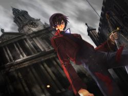 Rule 34 | 1boy, artist request, black hair, building, chain, church, clock, clock tower, cloud, code geass, dutch angle, highres, holding, jacket, kiira, lelouch vi britannia, male focus, outdoors, purple eyes, reference work, short hair, sky, solo, source request, swept bangs, sword, tower, tree, wallpaper, weapon
