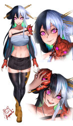 Rule 34 | 1girl, :d, bandages, bare shoulders, black hair, black skirt, black thighhighs, breasts, chest sarashi, cleavage, commentary, elbow gloves, eyeshadow, fingerless gloves, gloves, grey hair, hair ornament, hair stick, highres, kagurachi, looking at viewer, makeup, mask, mask on shoulder, medium breasts, midriff, miniskirt, multicolored hair, multiple views, navel, oni mask, open mouth, original, parted lips, pleated skirt, purple eyes, red gloves, sarashi, simple background, skirt, smile, split-color hair, standing, stomach, strapless, thighhighs, tomoe (kagurachi), tube top, white background