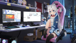 Rule 34 | 1girl, amazon (company), animal ears, apex legends, asymmetrical legwear, between legs, black thighhighs, blue eyes, blue hoodie, box, cardboard box, cd case, cellphone, chair, character doll, chemise, cityscape, computer, controller, cup, dog ears, dog girl, dog tail, frilled chemise, game controller, gaming chair, hand between legs, hasuki aoi, highres, hood, hood down, hoodie, indie virtual youtuber, indoors, isaya (pixiv4541633), keyboard (computer), long hair, long sleeves, looking at viewer, microsoft windows, mismatched legwear, monitor, mouse (computer), mug, night, open clothes, open hoodie, paw print, phone, single thighhigh, smartphone, smile, steam (platform), swivel chair, tail, thighhighs, virtual youtuber, white hair, window