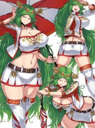 Rule 34 | 1girl, ancient greek clothes, ass, belt, boots, breasts, chiton, cleavage, cropped jacket, forehead jewel, green hair, highres, holding, holding umbrella, jacket, jewelry, kid icarus, kid icarus uprising, large breasts, laurel crown, leaning forward, midriff, navel, neck ring, nintendo, open clothes, open jacket, palutena, race queen, red jacket, shimure (460), skirt, smile, strapless, thigh boots, thighhighs, tiara, tube top, umbrella, white jacket, white skirt, white thighhighs, white tube top