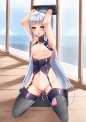 Rule 34 | 10s, 1girl, arms up, bdsm, blush, bondage, bound, breasts, cuffs, garter straps, hiememiko, kantai collection, long hair, murakumo (kancolle), nipples, sex toy, small breasts, thighhighs, very long hair, vibrator
