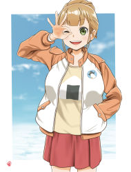 Rule 34 | 1girl, :d, absurdres, brown hair, day, green eyes, hand in pocket, hand up, highres, jacket, long sleeves, miyake hinata, multicolored clothes, multicolored jacket, nao suke, one eye closed, onigiri print, open clothes, open jacket, open mouth, orange jacket, outdoors, red skirt, short hair, skirt, smile, solo, sora yori mo tooi basho, two-tone jacket, white jacket
