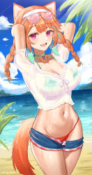 Rule 34 | 1girl, absurdres, animal ears, arms behind head, artist name, beach, bikini, bikini under clothes, blue shorts, blue sky, blunt bangs, braid, breasts, choker, cloud, day, green bikini, green choker, green hair, gurina, hairband, highres, hololive, hololive english, large breasts, looking at viewer, multicolored hair, ocean, open mouth, orange hair, outdoors, purple eyes, see-through, shirt, short shorts, shorts, sky, standing, swimsuit, tail, takanashi kiara, thighs, twin braids, two-tone hair, virtual youtuber, water, wet, white hairband, white shirt