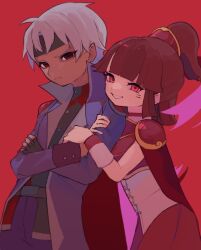 Rule 34 | 1boy, 1girl, arm hug, armor, bandana, belt, black bandana, black gloves, blunt bangs, brown hair, cape, coat, cross-laced clothes, cross-laced top, crossed arms, dark persona, dark skin, doppelganger arle, doppelganger schezo, empty eyes, expressionless, facial mark, fingerless gloves, gloves, grey hair, half updo, high ponytail, highres, long coat, long sleeves, medium hair, pointy ears, ponytail, popped collar, purple coat, puyopuyo, puyopuyo quest, red armor, red background, red eyes, red skirt, shirt, short hair, shoulder armor, skirt, sleeveless, smile, turtleneck, upper body, urolo, white shirt, wrist cuffs