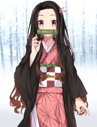 Rule 34 | 1girl, absurdres, backlighting, bamboo, bit gag, black hair, blurry, blurry background, blush, checkered sash, commentary request, day, depth of field, fingernails, forehead, gag, hair ribbon, hand up, highres, japanese clothes, kamado nezuko, kimetsu no yaiba, kimono, long hair, long sleeves, looking at viewer, norazura, obi, open clothes, outdoors, parted bangs, pink eyes, pink kimono, pink ribbon, ribbon, sash, solo, very long hair, wide sleeves
