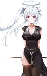 Rule 34 | 1girl, absurdres, alternate costume, black dress, black thighhighs, blue archive, blunt bangs, blush, breasts, cleavage, collarbone, cosplay, dress, grey hair, halo, highres, holding, holding staff, large breasts, mabinogi, name connection, nao (mabinogi), nao (mabinogi) (cosplay), noa (blue archive), purple eyes, sidelocks, simple background, sleeveless, sleeveless dress, smile, solo, sstthei, staff, thighhighs, twintails, white background