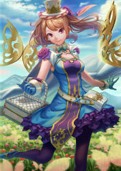 Rule 34 | 1girl, blue dress, blue gloves, blue pantyhose, bow, breasts, brown hair, bug, butterfly, commentary request, day, dress, flower, frills, gloves, green bow, green gloves, hat, highres, hooh lin, insect, king&#039;s raid, long hair, looking at viewer, may (king&#039;s raid), medium breasts, outdoors, pantyhose, red eyes, red flower, red rose, rose, short sleeves, smile, solo, twintails, white hat