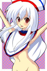 Rule 34 | 1girl, arms up, breasts, hakata-san, highres, long hair, naked poncho, navel, no (yuki), no panties, open mouth, original, out-of-frame censoring, poncho, red eyes, sideboob, solo, white hair