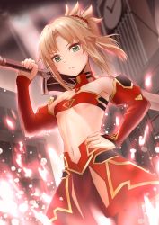 Rule 34 | &gt;:(, 1girl, absurdres, arm up, armpits, bandeau, bare shoulders, blonde hair, blush, breasts, building, clarent (fate), clock, clock tower, cloud, cloudy sky, cowboy shot, detached sleeves, fate/grand order, fate (series), green eyes, hand on own hip, highres, holding, holding sword, holding weapon, light particles, light rays, loincloth, long hair, long sleeves, mordred (fate), mordred (fate/apocrypha), navel, outdoors, parted bangs, ponytail, red skirt, showgirl skirt, sidelocks, skirt, sky, small breasts, solo, sunbeam, sunlight, sword, takamiya nao, tower, underboob, weapon
