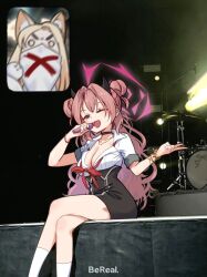Rule 34 | &gt;:(, 2girls, animal ears, black choker, black horns, blonde hair, blue archive, breasts, choker, cleavage, concert, crossed legs, demon horns, double bun, drum, drum set, fake horns, fan screaming at madison beer (meme), fox ears, gyaru, hair bun, halo, highres, horns, inset, instrument, kirara (blue archive), loose neck ribbon, mask, meme, microphone, mouth mask, multiple girls, music, open mouth, otk, partially unbuttoned, pink halo, red nails, screaming, seia (blue archive), singing, sitting, stage, stage lights, v, v-shaped eyebrows, yellow halo