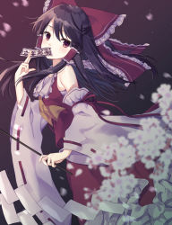 Rule 34 | 1girl, bare shoulders, between legs, black hair, blurry, blurry foreground, bow, commentary request, depth of field, detached sleeves, dutch angle, flower, frilled bow, frilled skirt, frills, gohei, hair bow, hair tubes, hakurei reimu, holding, long hair, long sleeves, midriff peek, ofuda, orange neckwear, petals, purin jiisan, red bow, red shirt, red skirt, ribbon-trimmed sleeves, ribbon trim, shirt, sidelocks, skirt, sleeveless, sleeveless shirt, solo, touhou, white flower, white sleeves, wide sleeves