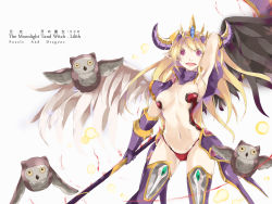Rule 34 | 1girl, animal, araragimura udonya, arm up, armor, armpits, aruce, asymmetrical wings, bikini armor, bird, black wings, blonde hair, breasts, capelet, character name, cleavage, collarbone, demon horns, english text, engrish text, fang, feathered wings, gauntlets, groin, heart, highres, holding, holding weapon, horns, impossible clothes, jewelry, light particles, lilith (p&amp;d), long hair, looking at viewer, midriff, navel, open mouth, owl, panties, pink eyes, pointy ears, purple thighhighs, puzzle &amp; dragons, ranguage, red panties, revealing clothes, scythe, simple background, solo, text focus, thighhighs, thong, tiara, underwear, weapon, white background, white wings, wings
