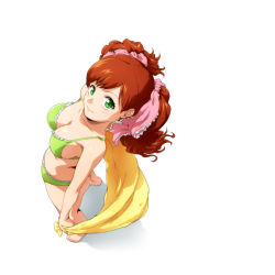 Rule 34 | 1girl, arched back, asahina yurina, barefoot, bikini, blush, bow, breasts, cleavage, feet, frilled bikini, frills, from above, full body, green eyes, hair bow, hair ribbon, hairu, legs, light smile, long hair, looking at viewer, looking up, medium breasts, red hair, ribbon, shiny skin, simple background, smile, solo, source request, standing, super real mahjong, super real mahjong p7, swimsuit, thighs, toes, towel, twintails, white background