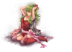 Rule 34 | 1girl, boots, breasts, cape, cleavage, dress, fire emblem, fire emblem awakening, garter straps, gloves, green eyes, green hair, hair ornament, hair ribbon, high heel boots, high heels, highres, jewelry, knee boots, long hair, matching hair/eyes, nintendo, pocari66, pointy ears, ponytail, ribbon, sitting, smile, solo, thighhighs, tiki (adult) (fire emblem), tiki (fire emblem), wariza