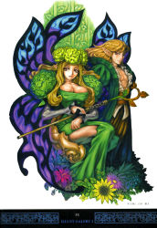 Rule 34 | 1boy, 1girl, absurdres, belt, blonde hair, breasts, butterfly wings, chair, cleavage, coat, dress, elfaria, elfaria (odin sphere), fairy, flower, frown, hat, highres, holding, insect wings, lace, large breasts, leaf, long hair, looking at viewer, mature female, melvin, muscular, nature, non-web source, odin sphere, official art, open clothes, open shirt, pectorals, pointy ears, red eyes, scan, shirai yasuo, shirt, side slit, sidelocks, simple background, sitting, smile, staff, standing, thighs, throne, trench coat, wavy hair, wings