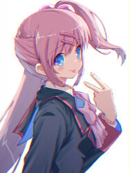 Rule 34 | 1girl, :p, akayama yukihe, backlighting, black jacket, blue eyes, blush, bow, closed mouth, commentary, eyes visible through hair, fingernails, from side, hair between eyes, hair bobbles, hair ornament, hairclip, hand up, highres, jacket, little busters!, long hair, long sleeves, looking at viewer, one side up, pink bow, saigusa haruka, school uniform, side ponytail, simple background, smile, solo, tongue, tongue out, upper body, v, very long hair, white background