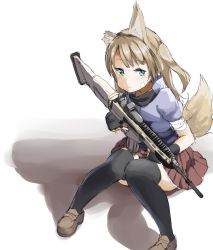 Rule 34 | 1girl, absurdres, animal ears, assault rifle, bandaged arm, bandages, bandaid, bandaid on face, black gloves, black thighhighs, blonde hair, fingerless gloves, fn scar, fox ears, fox tail, gloves, green eyes, gun, highres, holding, holding gun, holding weapon, knees together feet apart, loafers, looking at viewer, original, pleated skirt, rifle, sekira ame, shoes, short sleeves, sitting, skirt, solo, tail, thighhighs, weapon