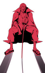 Rule 34 | 1boy, amputee, collared shirt, feet, jacket on shoulder, looking at viewer, male focus, mocchiri oyaji, monochrome, one piece, open collar, red theme, saber (weapon), sandals, shanks (one piece), shirt, sitting, solo, source, sword, toes, weapon