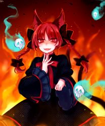 Rule 34 | 1girl, animal ears, black bow, black dress, bow, bowtie, braid, cat ears, cat tail, dress, fangs, fiery background, fire, hair bow, hair ribbon, highres, hitodama, juliet sleeves, kaenbyou rin, long sleeves, looking at viewer, multiple tails, open mouth, puffy sleeves, red bow, red bowtie, red eyes, red hair, ribbon, skull, smile, solo, tail, tis (shan0x0shan), touhou, tress ribbon, twin braids, two tails, wide sleeves
