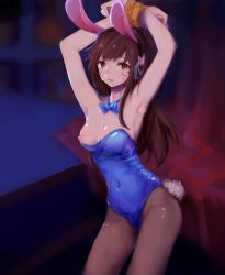 Rule 34 | 1girl, animal ears, armpits, arms up, bare shoulders, blue bow, blue bowtie, blue leotard, bow, bowtie, breasts, breasts out, brown eyes, brown hair, cleavage, clover., clover (yoziha), contrapposto, covered navel, cowboy shot, d.va (overwatch), detached collar, facepaint, facial mark, fake animal ears, groin, high collar, highleg, highleg leotard, leotard, lips, lipstick, long hair, looking at viewer, makeup, medium breasts, nipple slip, nipples, one breast out, overwatch, overwatch 1, pantyhose, parted lips, pink lips, playboy bunny, rabbit ears, rabbit tail, restrained, sleeveless, solo, standing, strapless, strapless leotard, tail, thighs, whisker markings