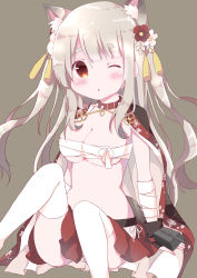 Rule 34 | 1girl, :&lt;, absurdres, animal ears, azur lane, bandaged arm, bandages, black cape, black gloves, blush, breasts, brown background, brown eyes, cannon, cape, cleavage, collar, commentary request, fingerless gloves, flower, gloves, hair between eyes, hair flower, hair ornament, hamada pengin, head tilt, highres, light brown hair, long hair, medium breasts, one eye closed, parted lips, pleated skirt, red collar, red flower, red skirt, sarashi, short eyebrows, simple background, sitting, skirt, solo, spiked collar, spikes, tail, thick eyebrows, thighhighs, triangle mouth, turret, two side up, very long hair, white flower, white thighhighs, wolf ears, wolf girl, wolf tail, yuudachi (azur lane), yuudachi (shogun of snowballs) (azur lane)