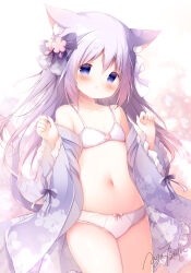 Rule 34 | 1girl, akatsuki (ytkg5558), animal ear fluff, animal ears, ayatsuki nora, blue eyes, blush, bow, bow panties, bra, cat ears, cat girl, cat tail, chinese commentary, collarbone, commentary request, cowboy shot, highres, indie virtual youtuber, long hair, long sleeves, looking at viewer, navel, panties, parted lips, purple hair, short eyebrows, signature, solo, tail, thick eyebrows, underwear, virtual youtuber, white bra, white panties