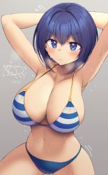 Rule 34 | 1girl, armpits, arms behind head, arms up, bare arms, bare shoulders, beetle, bikini, blue bikini, blue eyes, blue hair, blush, bob cut, breasts, bug, cleavage, closed mouth, collarbone, cowboy shot, dolphin wave, flying sweatdrops, grey background, hair between eyes, halterneck, heavy breathing, highres, insect, large breasts, looking at viewer, motion lines, mukuba, navel, rhinoceros beetle, short hair, simple background, solo, sparkle, standing, steaming body, stomach, striped bikini, striped clothes, sweat, swimsuit, tojou michiru, v-shaped eyebrows