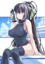 Rule 34 | 1girl, bare shoulders, black hair, black leotard, black thighhighs, blue eyes, blue sky, bottle, bow, breasts, cloud, covered navel, green bow, hair ribbon, high ponytail, highres, infinite stratos, large breasts, leotard, long hair, looking at viewer, pilot suit, ponytail, ribbon, ribucci, shinonono houki, sitting, sky, solo, split ponytail, thighhighs, water bottle