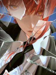 Rule 34 | 1girl, black jacket, black necktie, broken glass, business suit, chainsaw man, closed mouth, collared shirt, formal, glass, highres, iamthekingofegg, jacket, long hair, looking at viewer, makima (chainsaw man), necktie, open clothes, open jacket, red hair, ringed eyes, shirt, solo, suit, white shirt, yellow eyes