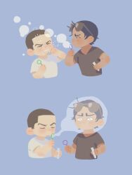 Rule 34 | 2boys, black hair, blue background, brown-tinted eyewear, brown hair, brown shirt, bubble, blowing bubbles, bubble wand, chengongzi123, closed eyes, constricted pupils, cropped torso, dark-skinned male, dark skin, deformed, eyewear on head, facial hair, facing another, goatee stubble, golden kamuy, hands up, holding, koito otonoshin, male focus, multiple boys, no mouth, shirt, short hair, short sleeves, simple background, stubble, t-shirt, tinted eyewear, tsukishima hajime, very short hair