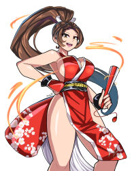 Rule 34 | 1girl, bare shoulders, breasts, brown eyes, brown hair, fatal fury, flower print, hand fan, highres, large breasts, long hair, ninja, pelvic curtain, ponytail, shiranui mai, sideboob, sleeveless, the king of fighters, very long hair, white background, zer0z vi