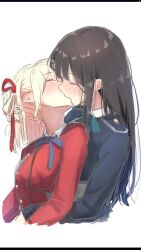 Rule 34 | 2girls, black hair, blonde hair, blue dress, blush, closed mouth, commentary request, dress, hair ribbon, hand on another&#039;s waist, highres, inoue takina, kiss, letterboxed, long hair, long sleeves, lycoris recoil, lycoris uniform, medium hair, multiple girls, nishikigi chisato, red dress, red ribbon, ribbon, simple background, submaro, upper body, white background, yuri