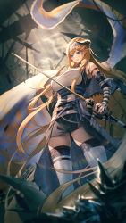 Rule 34 | 1girl, absurdly long hair, absurdres, arknights, bare shoulders, black skirt, blonde hair, blue eyes, blue hairband, breasts, commentary, elbow gloves, flag, gloves, hairband, highres, holding, holding sword, holding weapon, horns, large breasts, long hair, mazel (mazel star), miniskirt, saileach (arknights), shirt, skirt, solo, standing, sword, thighhighs, very long hair, weapon, white shirt, white thighhighs, zettai ryouiki